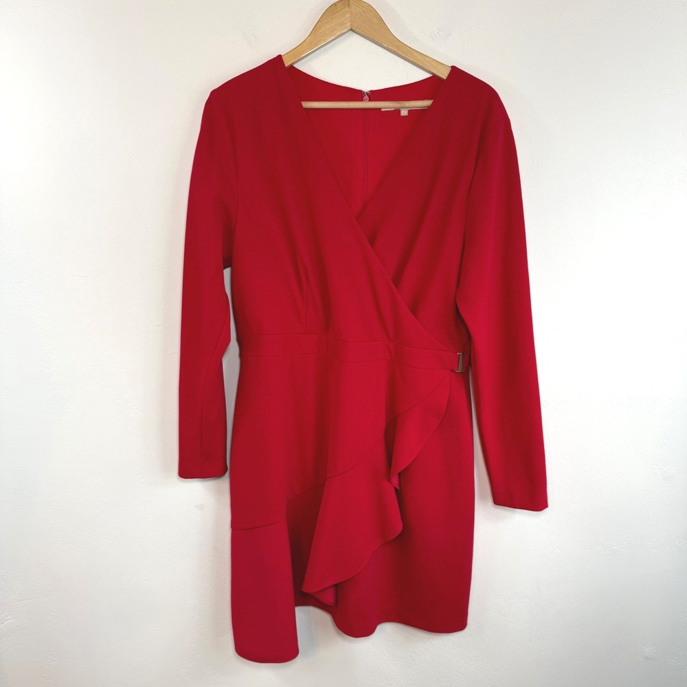 Hutch Anthropologie Red Faux Wrap Ruffle Dress XL‎ Wedding Guest Cocktail